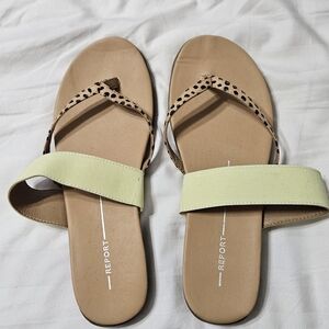 Report Women's Tan Sandals with Light Green Strap and Leopard Thong